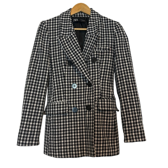 ZARA Black White Gingham Double Breasted Blazer Small Structured Cotton Jacket - Picture 4 of 10